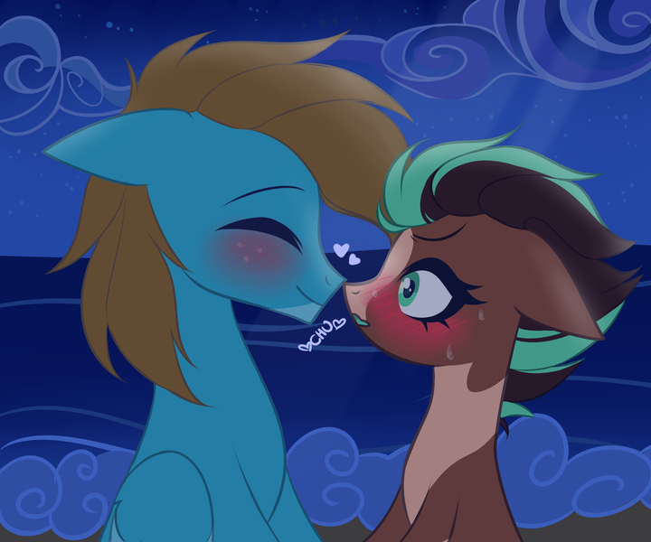 Size: 3000x2500 | Tagged: safe, alternate version, artist:wew11, derpibooru import, oc, oc:carbon, oc:sagebrush, earth pony, pegasus, pony, beach, blue eyes, blushing, boop, brown mane, brush, coat markings, colored wings, couple, cute, dating, earth pony oc, eyelashes, eyes closed, eyes open, gay, green eyes, heart, hooves, image, kissing, male, males only, multicolored hair, multicolored mane, multicolored tail, multicolored wings, night, noseboop, ocean, pegasus oc, pinto, png, shading, shipping, sky, smiling, stallion, transgender, wings