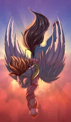 Size: 1625x2800 | Tagged: safe, alternate version, artist:ask-colorsound, derpibooru import, oc, oc:carbon, unofficial characters only, pegasus, pony, blue eyes, brown mane, clothes, colored wings, eyes closed, falling, hoodie, image, male, multicolored wings, pegasus oc, png, shading, sky, solo, spread wings, stallion, sun, sweater, unshorn fetlocks, wings