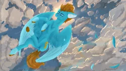 Size: 1280x720 | Tagged: safe, artist:toaster21648, derpibooru import, oc, oc:carbon, unofficial characters only, pegasus, pony, brown mane, cloud, cloudy, colored wings, eyes closed, falling, feather, freckles, happy, image, jpeg, multicolored wings, pegasus oc, scenery, shading, sky, smiling, unshorn fetlocks, wings