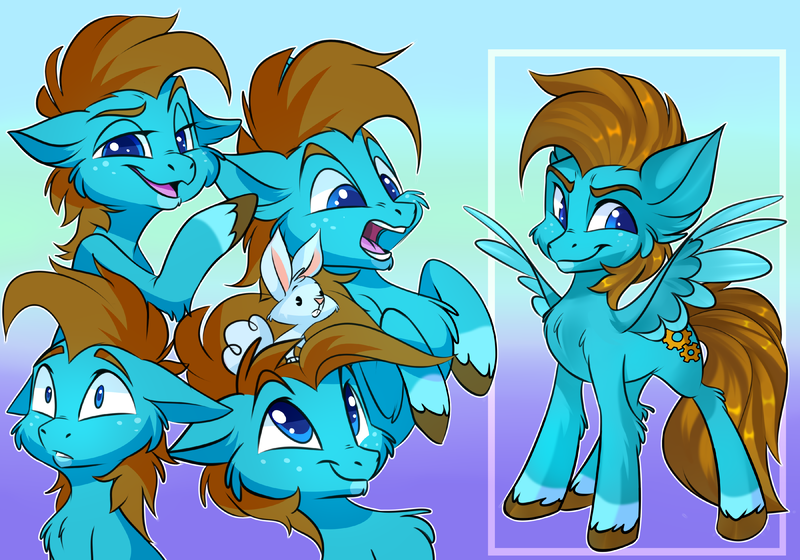 Size: 3600x2520 | Tagged: safe, artist:xvostik, derpibooru import, oc, oc:carbon, unofficial characters only, pegasus, pony, rabbit, animal, blue eyes, brown mane, closed mouth, coat markings, colored wings, confident, cute, flirty, freckles, fullbody, happy, image, male, multicolored wings, open mouth, pegasus oc, png, raised hoof, raised hooves, scared, smiling, socks (coat marking), solo, spread wings, stallion, surprised, unshorn fetlocks, wings