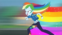 Size: 3410x1920 | Tagged: safe, derpibooru import, screencap, rainbow dash, equestria girls, equestria girls series, run to break free, spoiler:eqg series (season 2), backpack, clothes, cutie mark, cutie mark on clothes, female, geode of super speed, hoodie, image, jewelry, jpeg, magical geodes, necklace, open mouth, rainbow trail, running, solo