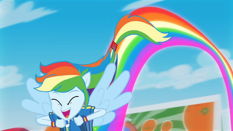 Size: 3410x1920 | Tagged: safe, derpibooru import, screencap, rainbow dash, equestria girls, equestria girls series, run to break free, spoiler:eqg series (season 2), backpack, clothes, cute, cutie mark, cutie mark on clothes, dashabetes, eyes closed, female, geode of super speed, hoodie, image, jewelry, jpeg, magical geodes, necklace, open mouth, ponied up, rainbow trail, solo, spread wings, wings