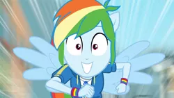 Size: 3410x1920 | Tagged: safe, derpibooru import, screencap, rainbow dash, equestria girls, equestria girls series, run to break free, spoiler:eqg series (season 2), backpack, clothes, cutie mark, cutie mark on clothes, female, geode of super speed, grin, hoodie, image, jewelry, jpeg, magical geodes, necklace, ponied up, rainbow trail, smiling, solo, spread wings, wings