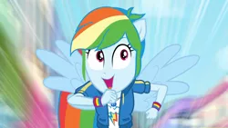 Size: 3410x1920 | Tagged: safe, derpibooru import, screencap, rainbow dash, equestria girls, equestria girls series, run to break free, spoiler:eqg series (season 2), backpack, clothes, cutie mark, cutie mark on clothes, female, geode of super speed, hoodie, image, jewelry, jpeg, magical geodes, necklace, open mouth, ponied up, rainbow trail, solo, spread wings, wings