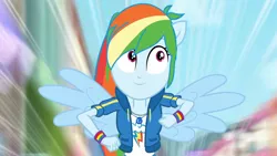 Size: 3410x1920 | Tagged: safe, derpibooru import, screencap, rainbow dash, equestria girls, equestria girls series, run to break free, spoiler:eqg series (season 2), backpack, clothes, cutie mark, cutie mark on clothes, female, geode of super speed, hoodie, image, jewelry, jpeg, magical geodes, necklace, ponied up, rainbow trail, smiling, solo, spread wings, wings