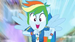 Size: 3410x1920 | Tagged: safe, derpibooru import, screencap, rainbow dash, equestria girls, equestria girls series, run to break free, spoiler:eqg series (season 2), backpack, clothes, cute, cutie mark, cutie mark on clothes, dashabetes, female, geode of super speed, hoodie, image, jewelry, jpeg, magical geodes, necklace, open mouth, ponied up, rainbow trail, solo, spread wings, wings
