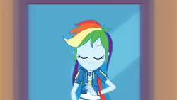 Size: 3410x1920 | Tagged: safe, derpibooru import, screencap, rainbow dash, equestria girls, equestria girls series, run to break free, spoiler:eqg series (season 2), clothes, cutie mark, cutie mark on clothes, eyes closed, female, geode of super speed, hoodie, image, jewelry, jpeg, magical geodes, necklace, smiling, solo
