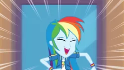 Size: 3410x1920 | Tagged: safe, derpibooru import, screencap, rainbow dash, equestria girls, equestria girls series, run to break free, spoiler:eqg series (season 2), clothes, cutie mark, cutie mark on clothes, eyes closed, female, geode of super speed, hoodie, image, jewelry, jpeg, magical geodes, necklace, open mouth, solo