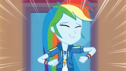 Size: 3410x1920 | Tagged: safe, derpibooru import, screencap, rainbow dash, equestria girls, equestria girls series, run to break free, spoiler:eqg series (season 2), clothes, cutie mark, cutie mark on clothes, eyes closed, female, geode of super speed, hoodie, image, jewelry, jpeg, lip bite, magical geodes, necklace, smiling, solo