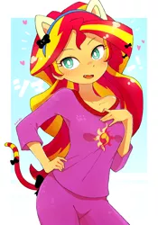 Size: 1800x2565 | Tagged: safe, artist:nendo, derpibooru import, sunset shimmer, equestria girls, cat ears, cat tail, clothes, cute, cute little fangs, fake tail, fangs, image, looking at you, nyanset shimmer, open mouth, pajamas, png, shimmerbetes