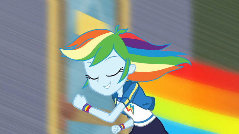 Size: 3410x1920 | Tagged: safe, derpibooru import, screencap, rainbow dash, equestria girls, equestria girls series, run to break free, spoiler:eqg series (season 2), clothes, cutie mark, cutie mark on clothes, eyes closed, female, geode of super speed, hoodie, image, jewelry, jpeg, magical geodes, necklace, rainbow trail, running, smiling, solo