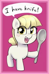 Size: 1788x2696 | Tagged: safe, artist:heretichesh, derpibooru import, oc, unofficial characters only, earth pony, pony, blush sticker, blushing, dexterous hooves, female, filly, hoof hold, image, jpeg, looking at you, open mouth, solo, speech bubble, spoon, talking to viewer, that's not a knife, tooth gap