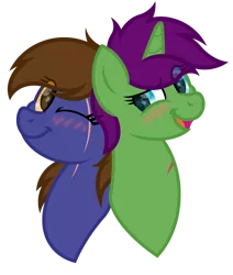 Size: 2518x2973 | Tagged: safe, artist:ponkus, derpibooru import, oc, oc:dauntless, oc:six-shooter, unofficial characters only, pegasus, pony, unicorn, blushing, bust, couple, cute, female, image, mare, png, scar, simple background, transparent background