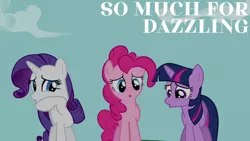 Size: 1280x720 | Tagged: safe, derpibooru import, edit, edited screencap, editor:quoterific, screencap, pinkie pie, rarity, twilight sparkle, earth pony, pony, unicorn, read it and weep, season 2, female, image, jpeg, mare, open mouth, trio, trio female, unicorn twilight