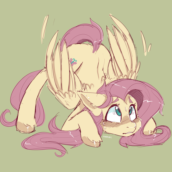 Size: 3500x3500 | Tagged: safe, alternate version, artist:yumkandie, derpibooru import, fluttershy, pegasus, pony, blushing, cute, face down ass up, female, fluffy, high res, image, jacko challenge, looking up, mare, meme, partially open wings, png, shyabetes, simple background, solo, sweat, sweatdrops