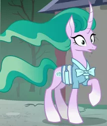 Size: 535x628 | Tagged: safe, derpibooru import, screencap, mistmane, pony, unicorn, campfire tales, season 7, cropped, curved horn, female, horn, image, mare, png, raised hoof, shocked, solo