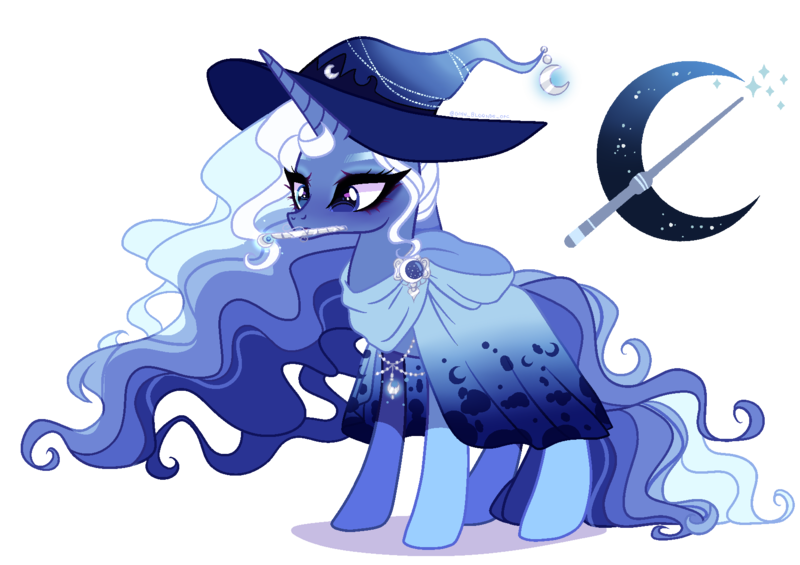 Size: 1700x1200 | Tagged: safe, artist:gihhbloonde, derpibooru import, oc, pony, unicorn, female, hat, image, magical lesbian spawn, mare, mouth hold, offspring, parent:princess luna, parent:trixie, parents:luxie, png, simple background, solo, transparent background, witch hat