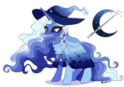 Size: 1700x1200 | Tagged: safe, artist:gihhbloonde, derpibooru import, oc, pony, unicorn, female, hat, image, magical lesbian spawn, mare, mouth hold, offspring, parent:princess luna, parent:trixie, parents:luxie, png, simple background, solo, transparent background, witch hat