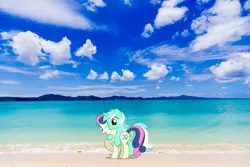 Size: 2048x1365 | Tagged: safe, artist:mixermike622, derpibooru import, bon bon, lyra heartstrings, sweetie drops, earth pony, pony, unicorn, beach, female, image, irl, japan, kiss on the cheek, kissing, lesbian, lyrabon, mare, okinawa, photo, png, ponies in real life, shipping, smooch