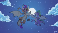 Size: 900x506 | Tagged: safe, artist:dodgyrom, artist:dodgyrommer, derpibooru import, smolder, spike, dragon, cloud, commission, commissioner:foxlover91, dragoness, female, flying, image, jpeg, male, moon, night, singing, sky, stars, winged spike