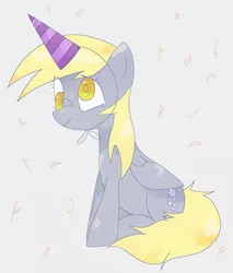Size: 1748x2048 | Tagged: safe, artist:omelettepony, derpibooru import, derpy hooves, alicorn, pegasus, pony, alicornified, confetti, cute, derpicorn, female, happy, hat, image, jpeg, mare, party hat, race swap, sitting, smiling, solo