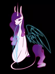 Size: 1536x2048 | Tagged: safe, artist:artfestation, derpibooru import, oc, unofficial characters only, pony, unicorn, artificial wings, augmented, black background, female, horn, image, jpeg, looking back, magic, magic wings, magical lesbian spawn, mare, offspring, parent:princess celestia, parent:rarity, parents:rarilestia, simple background, sitting, solo, unicorn oc, wings