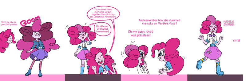 Size: 3028x1002 | Tagged: safe, artist:cyanoray, derpibooru import, pinkie pie, principal abacus cinch, equestria girls, alternate hairstyle, bust, character to character, clothes, dialogue, female, glasses, image, mind control, png, transformation, transformation sequence