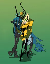 Size: 1098x1416 | Tagged: safe, artist:cyanoray, derpibooru import, queen chrysalis, changeling, changeling queen, crossover, duo, female, gradient background, grin, image, jpeg, my life as a teenage robot, signature, smiling, vexus