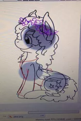 Size: 640x960 | Tagged: safe, artist:millefaller, derpibooru import, oc, unofficial characters only, pegasus, pony, floral head wreath, flower, image, jewelry, jpeg, lineart, necklace, pegasus oc, sitting, smiling, solo, wings