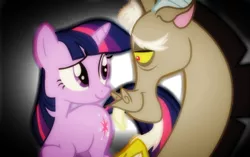 Size: 540x340 | Tagged: safe, derpibooru import, edit, edited screencap, screencap, discord, twilight sparkle, alicorn, draconequus, pony, discolight, female, fimfiction, image, jpeg, lighting, looking at each other, male, mare, raised hoof, shipping, story included, straight