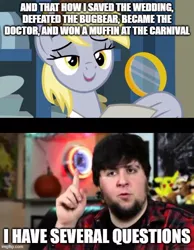 Size: 500x643 | Tagged: safe, derpibooru import, edit, edited screencap, screencap, derpy hooves, pegasus, pony, best gift ever, caption, cute, derpabetes, doctor who, female, image, jontron, jpeg, lidded eyes, magnifying glass, mailmare, mare, post office, postman's hat, solo, text, wing hands, wing hold, wings