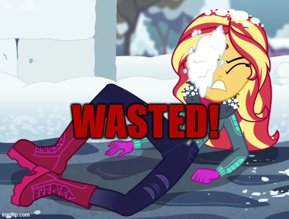 Size: 581x441 | Tagged: safe, derpibooru import, edit, edited screencap, screencap, sunset shimmer, equestria girls, equestria girls series, holidays unwrapped, spoiler:eqg series (season 2), boots, caption, clothes, cropped, eyes closed, grand theft auto, image, implied death, jpeg, meme, saving pinkie's pie, shoes, snow, solo, text, wasted