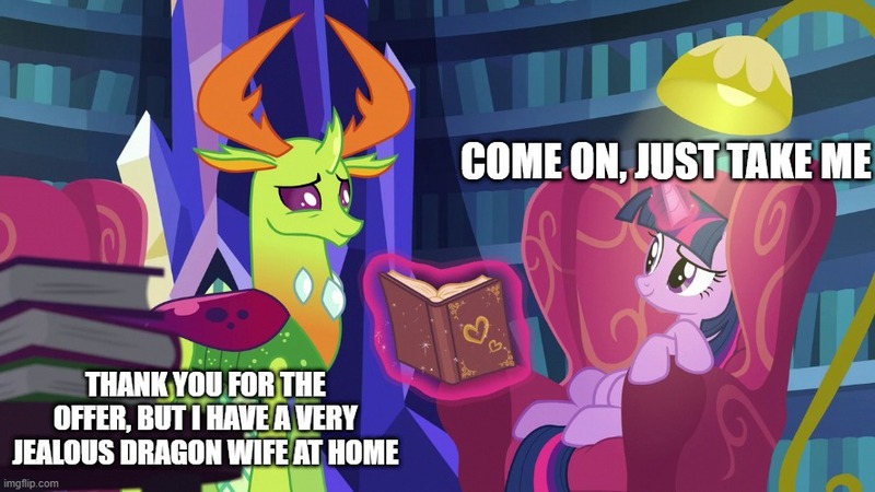 Size: 888x499 | Tagged: safe, derpibooru import, edit, edited screencap, screencap, thorax, twilight sparkle, twilight sparkle (alicorn), alicorn, changedling, changeling, pony, season 7, triple threat, book, caption, female, image, imminent sex, implied ember, implied embrax, implied sex, implied twirax, infidelity, jpeg, king thorax, magic, male, mare, smiling, telekinesis, text, twilight's castle