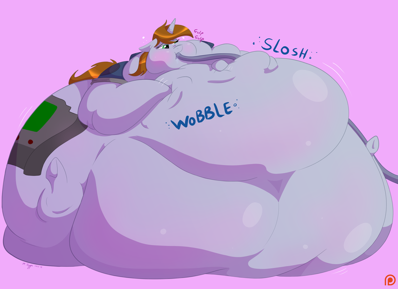 Size: 2508x1824 | Tagged: questionable, artist:necrofeline, derpibooru import, oc, oc:littlepip, unofficial characters only, earth pony, pony, fallout equestria, belly, belly button, big belly, blob, chubby cheeks, fat, fat fetish, feeding tube, female, fetish, huge belly, image, immobile, impossibly large belly, morbidly obese, not so little pip, obese, patreon, patreon logo, pink background, png, rolls of fat, simple background, sitting, solo, solo female, stomach noise, underhoof