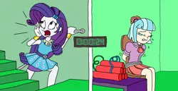 Size: 2380x1232 | Tagged: safe, artist:bugssonicx, derpibooru import, coco pommel, rarity, equestria girls, arm behind back, bomb, calling, crying, damsel in distress, eyes closed, image, png, sweat, sweatdrop, tied to chair, tied up, weapon, worried
