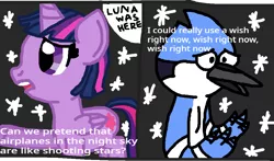 Size: 960x565 | Tagged: safe, artist:mk pony mod, derpibooru import, twilight sparkle, twilight sparkle (alicorn), alicorn, bird, 1000 hours in ms paint, aeroplanes and meteor showers, airplanes (song), art, crossover, crossover shipping, derpibooru exclusive, female, image, male, meme, mordecai, mordetwi, png, regular show, shipping, straight, text