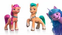 Size: 1280x720 | Tagged: safe, derpibooru import, official, screencap, hitch trailblazer, izzy moonbow, sunny starscout, earth pony, pony, unicorn, my little pony: a new generation, spoiler:g5, spoiler:my little pony: a new generation, female, g5, gradient hooves, image, jpeg, looking at you, male, mare, raised hoof, simple background, smiling, smiling at you, stallion, unshorn fetlocks, white background