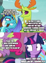 Size: 500x678 | Tagged: suggestive, derpibooru import, edit, edited screencap, screencap, cup cake, pinkie pie, prince rutherford, princess ember, spike, thorax, twilight sparkle, twilight sparkle (alicorn), alicorn, changedling, changeling, dragon, pony, a trivial pursuit, school daze, season 9, spoiler:s09, bag, confused, cropped, embrax, female, gooey, image, implied sex, jpeg, king thorax, male, mare, raised eyebrow, saddle bag, shipping, shocked, straight, surprised, winged spike