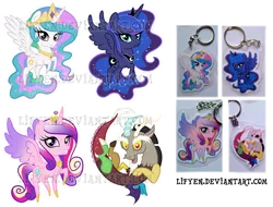 Size: 650x494 | Tagged: safe, artist:lifyen, derpibooru import, discord, princess cadance, princess celestia, princess luna, alicorn, draconequus, chibi, deviantart watermark, female, image, irl, irl photo, keychain, male, merchandise, obtrusive watermark, photo, png, selling, simple background, transparent background, watermark