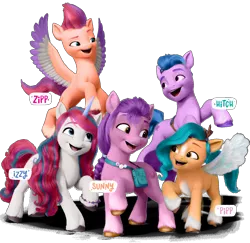 Size: 1136x1102 | Tagged: safe, derpibooru import, edit, hitch trailblazer, izzy moonbow, pipp petals, sunny starscout, zipp storm, earth pony, pegasus, pony, unicorn, my little pony: a new generation, g5, image, looking at each other, mane five (g5), palette swap, png, raised hoof, recolor, smiling, spread wings, unshorn fetlocks, wings