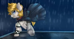 Size: 2060x1080 | Tagged: safe, artist:annakitsun3, derpibooru import, ponified, pegasus, pony, clothes, hood, image, jacket, jewelry, kingdom hearts, male, necklace, open mouth, pants, png, rain, roxas, shirt, solo, stallion, t-shirt, underhoof, wings, wristband