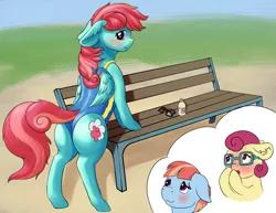 Size: 1959x1512 | Tagged: safe, artist:shaliwolf, author:bigonionbean, derpibooru import, posey shy, windy whistles, oc, oc:gentle breeze, pegasus, pony, background, bench, blushing, butt, clothes, commissioner:bigonionbean, cutie mark, female, flank, fusion, fusion:gentle breeze, glasses, image, mare, plot, png, sunscreen, swimsuit, wings