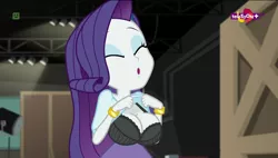 Size: 1280x727 | Tagged: suggestive, derpibooru import, edit, edited screencap, editor:mlp-gft, screencap, rarity, equestria girls, movie magic, spoiler:eqg specials, big breasts, bra, bracelet, breast edit, breasts, busty rarity, clothes, e-cup bra, eyes closed, female, flashing, huge breasts, image, jewelry, png, sexy, shirt, shirt lift, solo, solo female, stupid sexy rarity, underwear, underwear edit