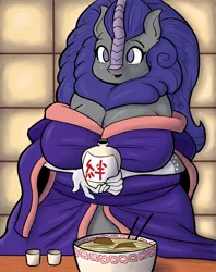 Size: 2403x3036 | Tagged: suggestive, artist:ahobobo, artist:thewindking, derpibooru import, oc, oc:midnight blossom, unofficial characters only, anthro, kirin, breasts, chubby, cleavage, clothes, coat markings, female, food, freckles, image, kimono (clothing), kirin oc, kirinified, noodles, png, ramen, sake, socks (coat marking), solo, solo female, species swap