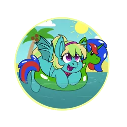 Size: 5000x5000 | Tagged: safe, artist:rokosmith26, derpibooru import, oc, oc:christian clefnote, oc:lutecia, unofficial characters only, bat pony, pony, bat pony oc, bat wings, beach, coconut, commission, female, food, hat, headband, high res, image, inflatable, inflatable toy, looking up, mare, open mouth, palm tree, png, ponytail, pool toy, sand, smiling, solo, spread wings, sun, teeth, tree, water, wings, ych result