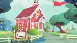 Size: 1280x720 | Tagged: safe, derpibooru import, screencap, flight to the finish, background, flag, image, no pony, png, ponyville, ponyville schoolhouse, scenic ponyville, tree