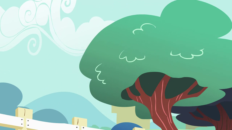 Size: 1280x720 | Tagged: safe, derpibooru import, screencap, flight to the finish, season 4, background, cloud, fence, image, mountain, no pony, png, ponyville, scenic ponyville, tree