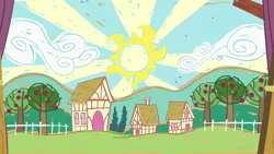 Size: 1280x720 | Tagged: safe, derpibooru import, screencap, flight to the finish, backdrop, background, cloud, house, image, no pony, png, ponyville, scenic ponyville, sun, tree