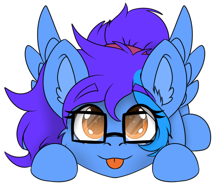 Size: 1251x1092 | Tagged: safe, artist:rokosmith26, derpibooru import, oc, oc:angley, unofficial characters only, pegasus, pony, :p, cheek fluff, chibi, commission, cute, ear fluff, eye clipping through hair, eyebrows, eyebrows visible through hair, female, glasses, hairband, image, looking at you, lying down, mare, pegasus oc, png, ponytail, simple background, solo, spread wings, tongue out, transparent background, wings, ych result