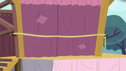 Size: 1280x720 | Tagged: safe, derpibooru import, screencap, flight to the finish, season 4, background, cloud, curtain, image, no pony, png, rope, scene, scenic ponyville, sky, stair, tree